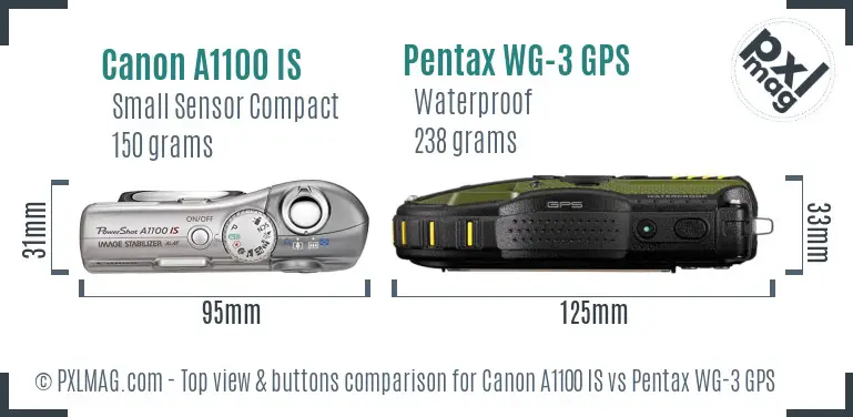 Canon A1100 IS vs Pentax WG-3 GPS top view buttons comparison