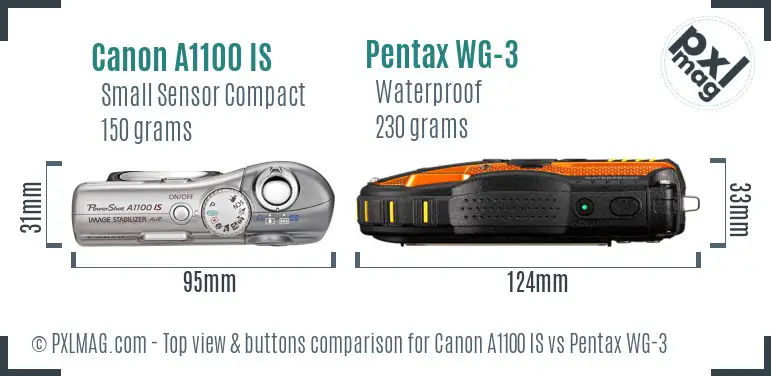Canon A1100 IS vs Pentax WG-3 top view buttons comparison
