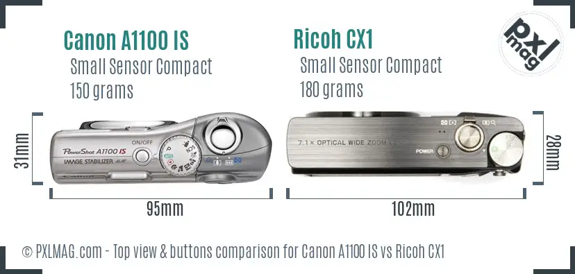 Canon A1100 IS vs Ricoh CX1 top view buttons comparison