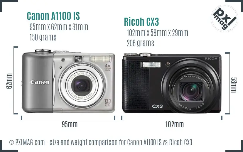 Canon A1100 IS vs Ricoh CX3 size comparison
