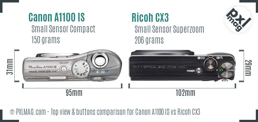 Canon A1100 IS vs Ricoh CX3 top view buttons comparison
