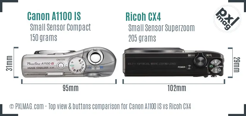 Canon A1100 IS vs Ricoh CX4 top view buttons comparison