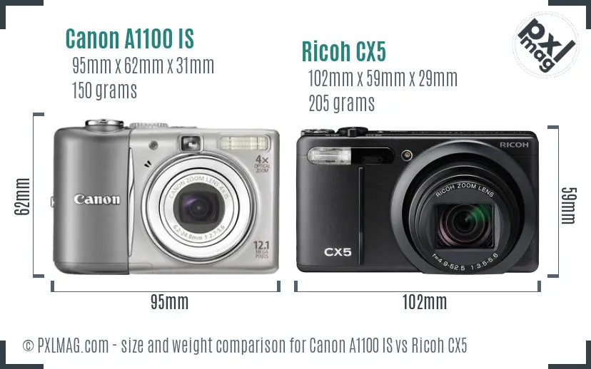Canon A1100 IS vs Ricoh CX5 size comparison