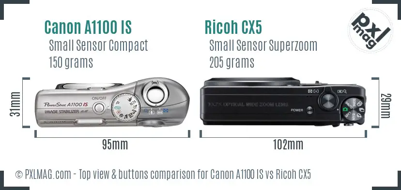 Canon A1100 IS vs Ricoh CX5 top view buttons comparison