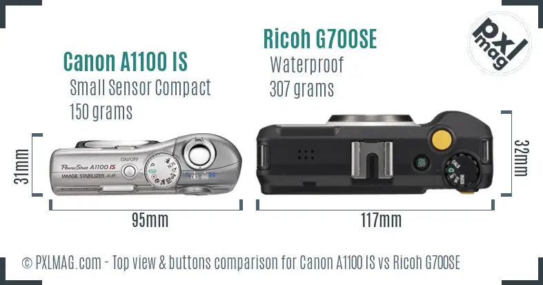 Canon A1100 IS vs Ricoh G700SE top view buttons comparison