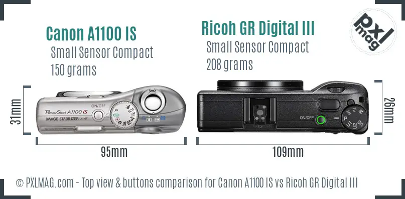 Canon A1100 IS vs Ricoh GR Digital III top view buttons comparison