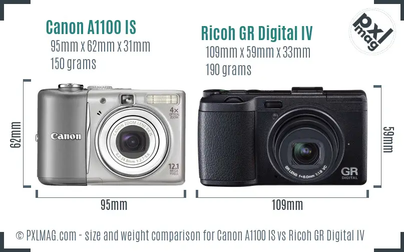 Canon A1100 IS vs Ricoh GR Digital IV size comparison