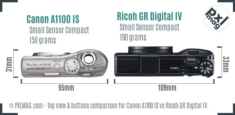 Canon A1100 IS vs Ricoh GR Digital IV top view buttons comparison