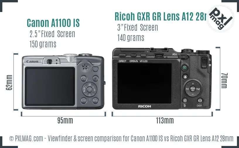Canon A1100 IS vs Ricoh GXR GR Lens A12 28mm F2.5 Screen and Viewfinder comparison