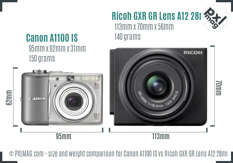 Canon A1100 IS vs Ricoh GXR GR Lens A12 28mm F2.5 size comparison