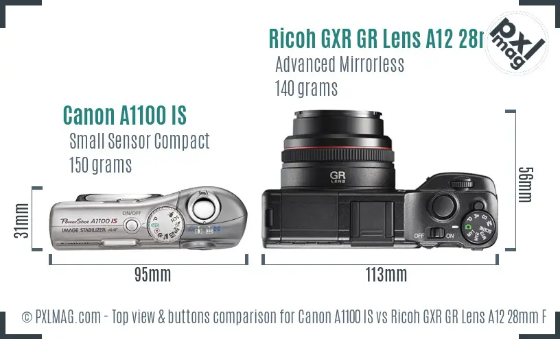 Canon A1100 IS vs Ricoh GXR GR Lens A12 28mm F2.5 top view buttons comparison