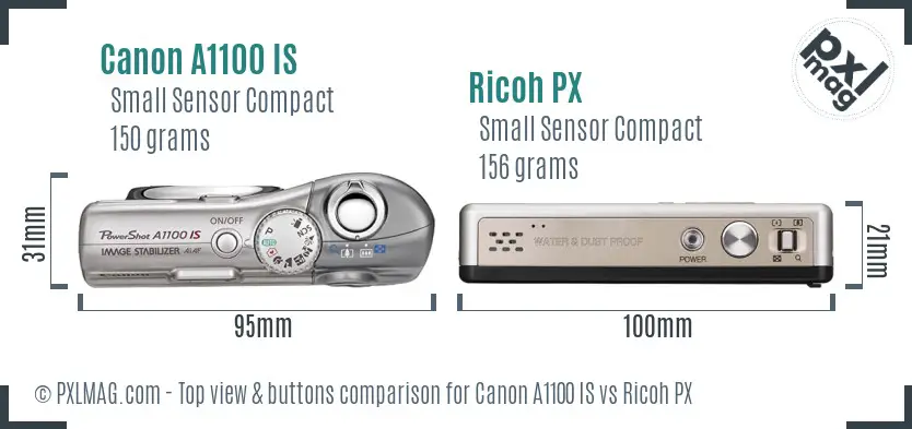 Canon A1100 IS vs Ricoh PX top view buttons comparison Canon A1100 IS vs Ricoh PX top view buttons comparison