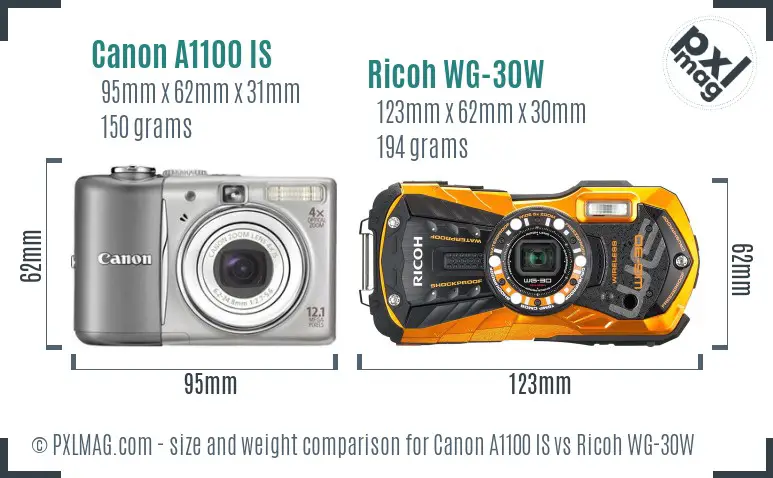 Canon A1100 IS vs Ricoh WG-30W size comparison