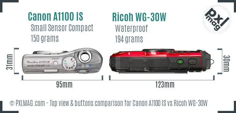 Canon A1100 IS vs Ricoh WG-30W top view buttons comparison