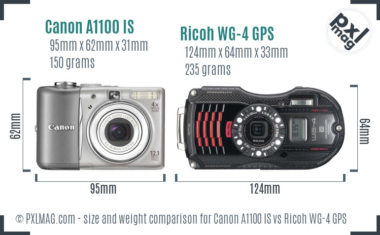 Canon A1100 IS vs Ricoh WG-4 GPS size comparison
