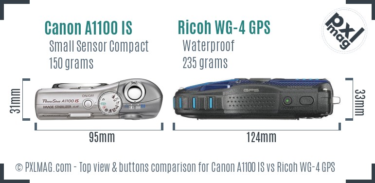 Canon A1100 IS vs Ricoh WG-4 GPS top view buttons comparison