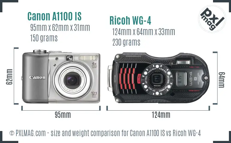 Canon A1100 IS vs Ricoh WG-4 size comparison Canon A1100 IS vs Ricoh WG-4 size comparison