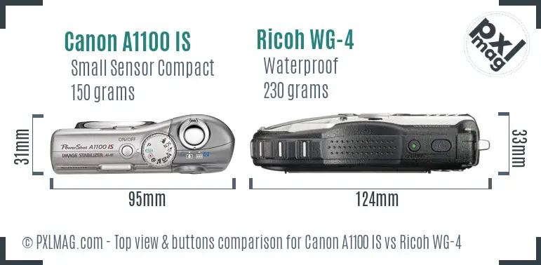 Canon A1100 IS vs Ricoh WG-4 top view buttons comparison Canon A1100 IS vs Ricoh WG-4 top view buttons comparison