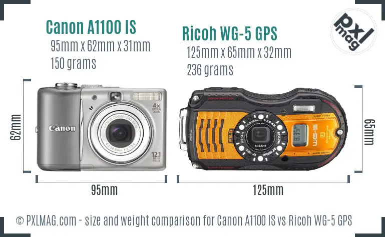 Canon A1100 IS vs Ricoh WG-5 GPS size comparison