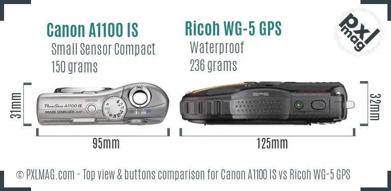 Canon A1100 IS vs Ricoh WG-5 GPS top view buttons comparison
