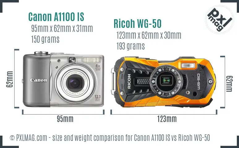 Canon A1100 IS vs Ricoh WG-50 size comparison Canon A1100 IS vs Ricoh WG-50 size comparison