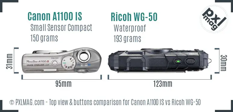 Canon A1100 IS vs Ricoh WG-50 top view buttons comparison Canon A1100 IS vs Ricoh WG-50 top view buttons comparison