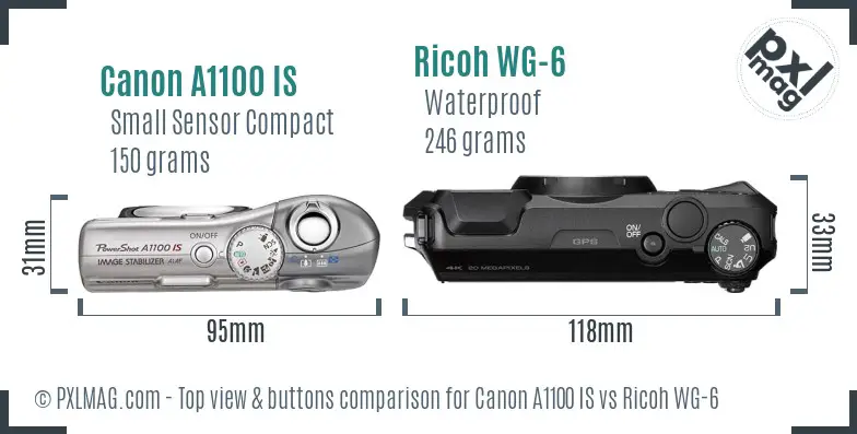Canon A1100 IS vs Ricoh WG-6 top view buttons comparison