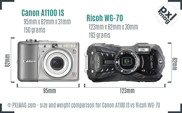 Canon A1100 IS vs Ricoh WG-70 size comparison