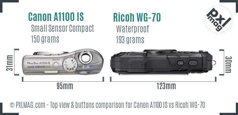Canon A1100 IS vs Ricoh WG-70 top view buttons comparison