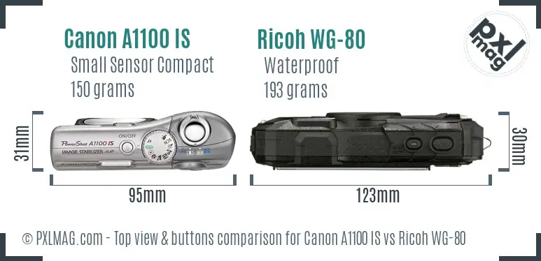 Canon A1100 IS vs Ricoh WG-80 top view buttons comparison Canon A1100 IS vs Ricoh WG-80 top view buttons comparison