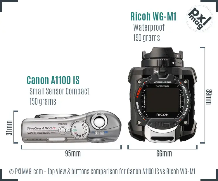 Canon A1100 IS vs Ricoh WG-M1 top view buttons comparison