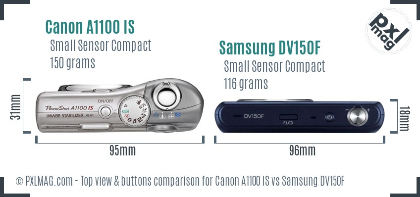 Canon A1100 IS vs Samsung DV150F top view buttons comparison