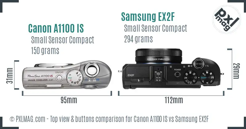 Canon A1100 IS vs Samsung EX2F top view buttons comparison