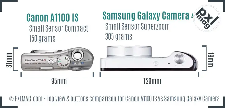 Canon A1100 IS vs Samsung Galaxy Camera 4G top view buttons comparison