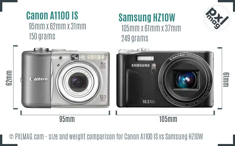 Canon A1100 IS vs Samsung HZ10W size comparison