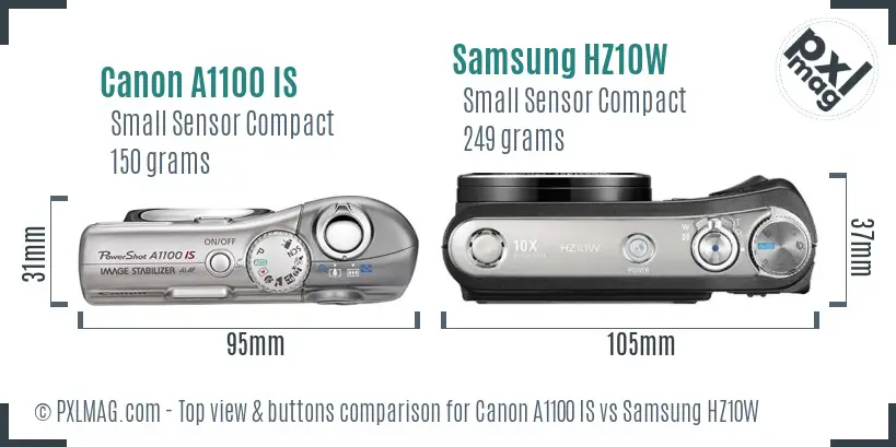 Canon A1100 IS vs Samsung HZ10W top view buttons comparison