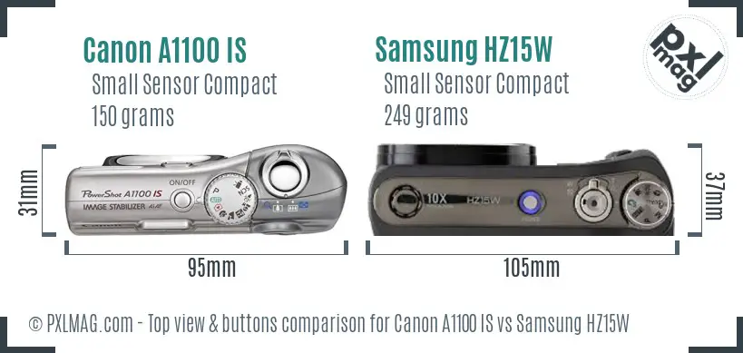 Canon A1100 IS vs Samsung HZ15W top view buttons comparison