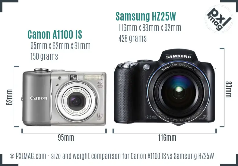 Canon A1100 IS vs Samsung HZ25W size comparison