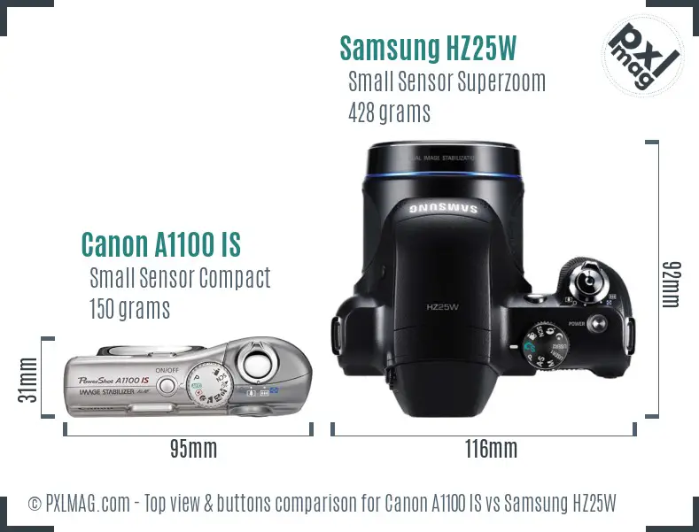 Canon A1100 IS vs Samsung HZ25W top view buttons comparison