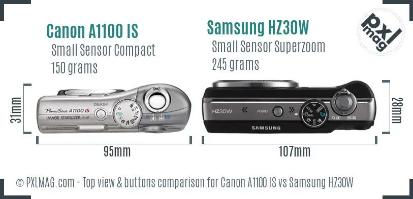 Canon A1100 IS vs Samsung HZ30W top view buttons comparison