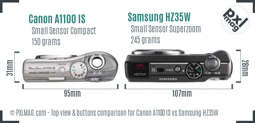 Canon A1100 IS vs Samsung HZ35W top view buttons comparison