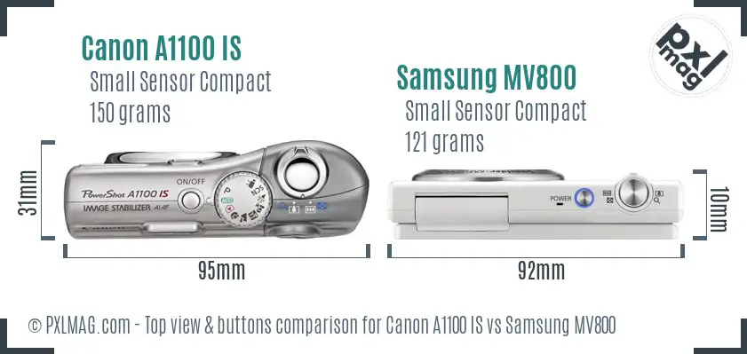 Canon A1100 IS vs Samsung MV800 top view buttons comparison