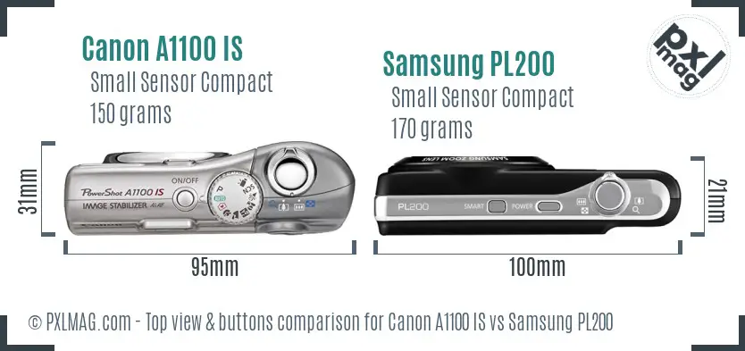 Canon A1100 IS vs Samsung PL200 top view buttons comparison