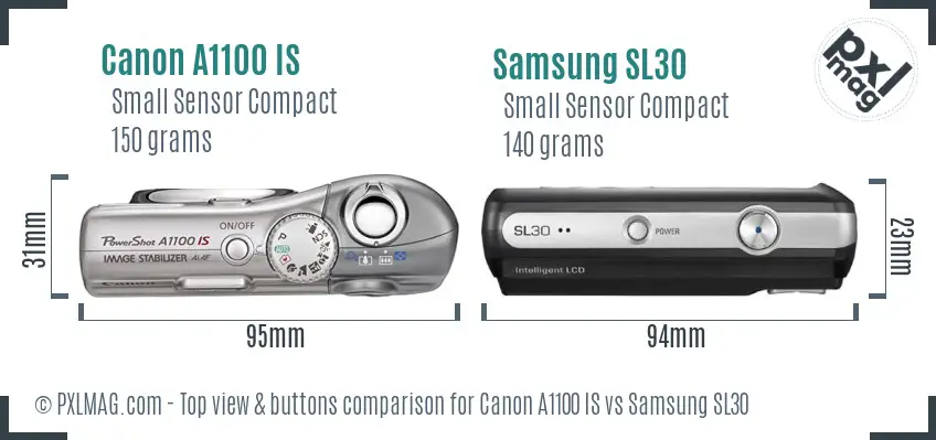 Canon A1100 IS vs Samsung SL30 top view buttons comparison