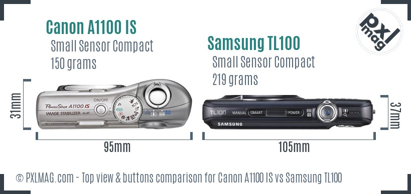 Canon A1100 IS vs Samsung TL100 top view buttons comparison