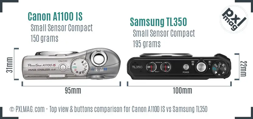 Canon A1100 IS vs Samsung TL350 top view buttons comparison Canon A1100 IS vs Samsung TL350 top view buttons comparison