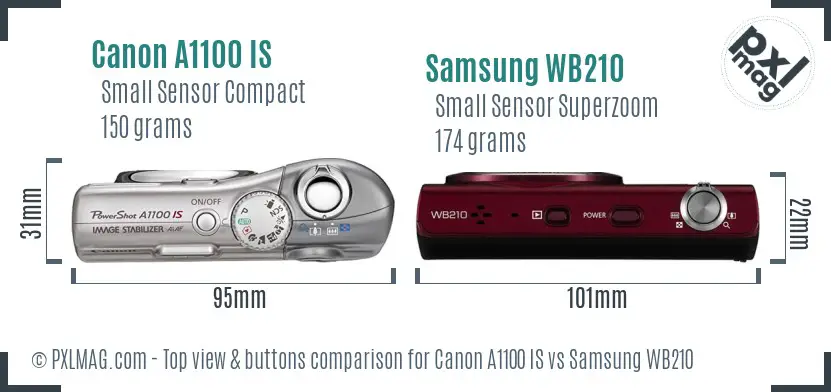 Canon A1100 IS vs Samsung WB210 top view buttons comparison