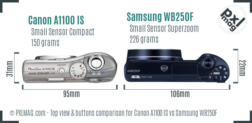 Canon A1100 IS vs Samsung WB250F top view buttons comparison Canon A1100 IS vs Samsung WB250F top view buttons comparison