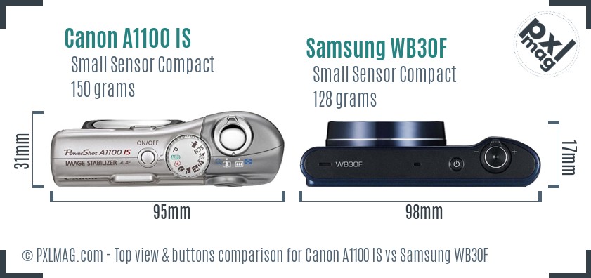 Canon A1100 IS vs Samsung WB30F top view buttons comparison