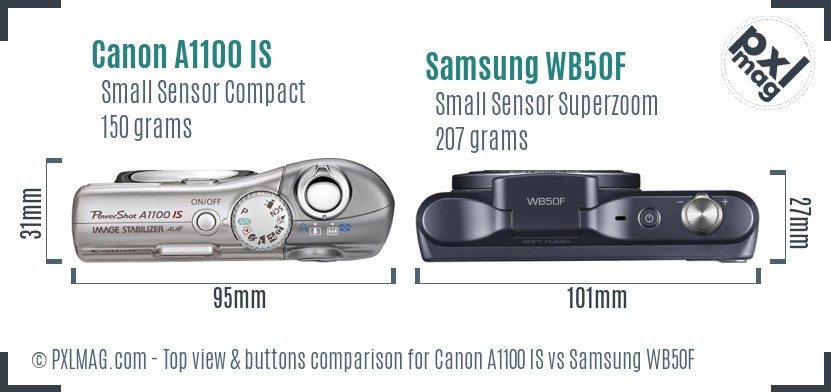 Canon A1100 IS vs Samsung WB50F top view buttons comparison
